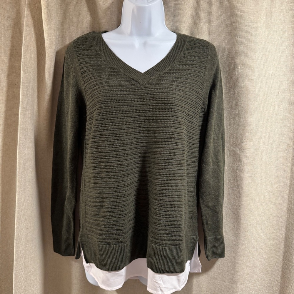 Hilary Radley Sweater Knit Top Tunic V Neck Layered Olive Green S‎